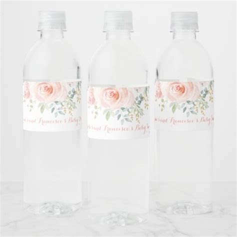 Feminine Blush Gold Watercolor Flower Rose Favors Water Bottle Label