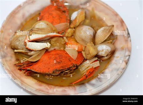 Hot Soup Meal Of Various Fresh Seafood Marine Crabs Shrimps Clams Mussels Gandofli Oysters
