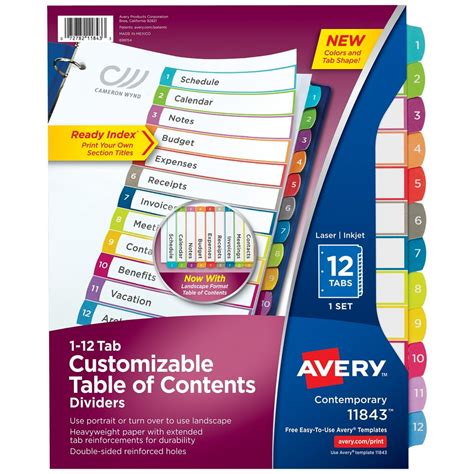 Avery Ready Index 12 Tab Dividers Customizable Toc 1 Set 11194