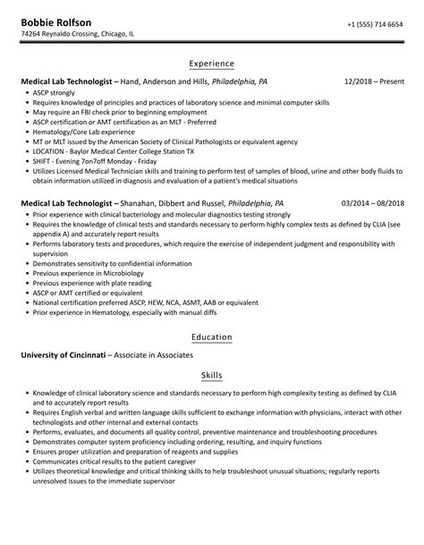 Medical Lab Technologist Resume Samples Velvet Jobs