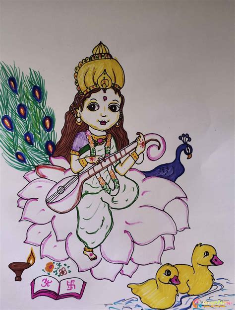 Cute Saraswati Mata Drawing For Kids Very - GranNino