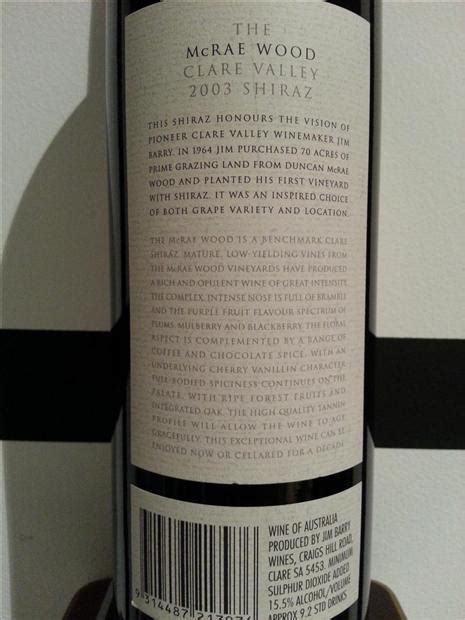 2003 Jim Barry Shiraz The McRae Wood Australia South Australia Mount