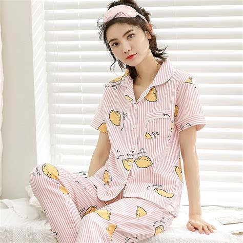 New Spring Summer 100 Cotton Women Pajamas Set Short Sleeve Long Pants