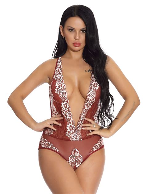 Teddies Lingerie Burgundy Floral Print Backless Lace Teddies For Women