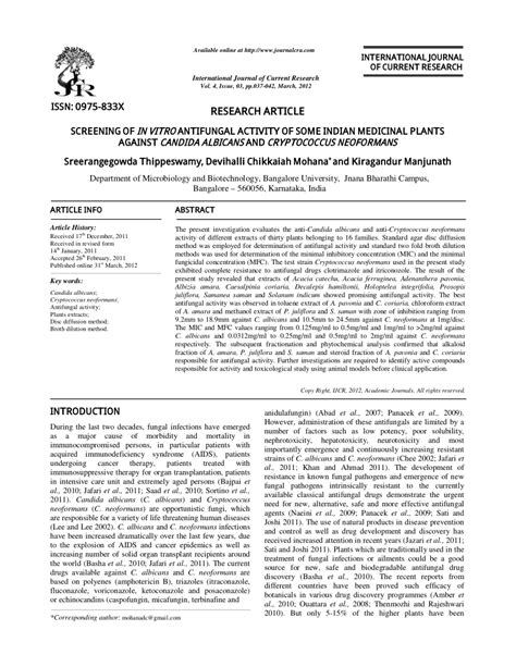 Pdf Screening Of In Vitro Antifungal Activity Of Some Indian