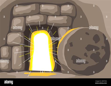 Christian Illustration Of Burial Cave Happy Easter Image Stock Vector