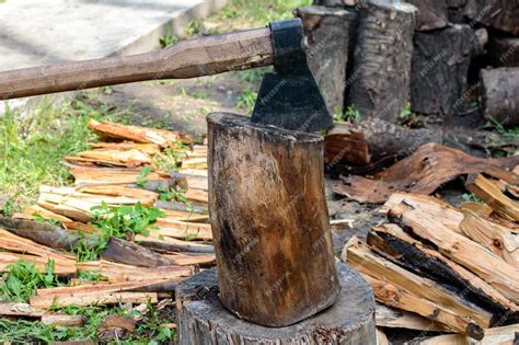 Hacha En Registro Pila De Leña Hacha Lista Para Cortar Madera Un