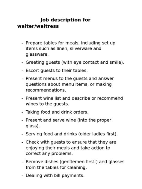 Waiters And Waitresses Job Description