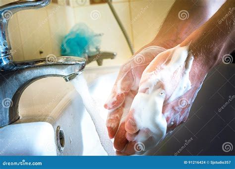 Man Wash Hands With Soap Stock Photo Image Of Male Faucet 91216424