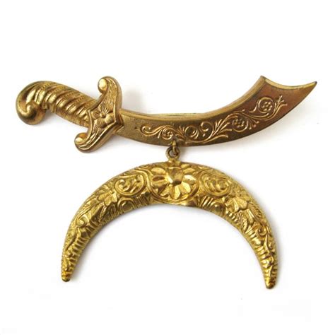 Vintage Sword Scimitar Dangle Brooch With Crescent S Gem