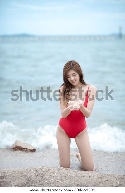 Asian Woman Red Bikini One Piece Stock Photo 684661891 Shutterstock