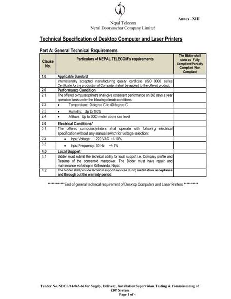 Technical Specification Of Desktop Computer And Nepal Telecom