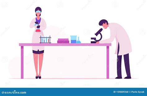 Scientists Conducting Experiment And Scientific Research In Science Laboratory Man Look In