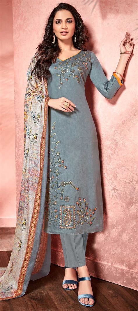 Party Wear Black And Grey Color Satin Silk Fabric Salwar Kameez 1587110