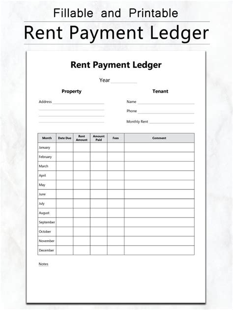 Rent Payment Ledger Fillable And Printable Rent Payment Tracker