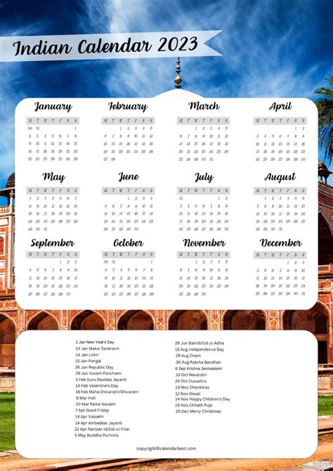 Printable Free Download Indian Calendar 2023 Template in PDF