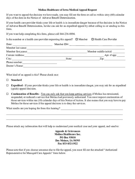 Fillable Online Molina Healthcare Of Iowa Medical Appeal Request