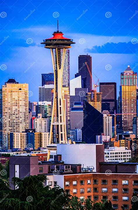 Seattle Space Needle Skyline Panorama View From Kerry Park At Sunset