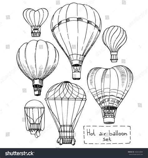 Stock vektor Hot Air Balloon Set Contour Drawings bez autorských
