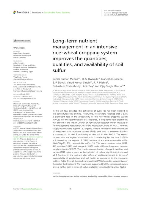 Pdf Long Term Nutrient Management In An Intensive Rice Wheat Cropping System Improves The