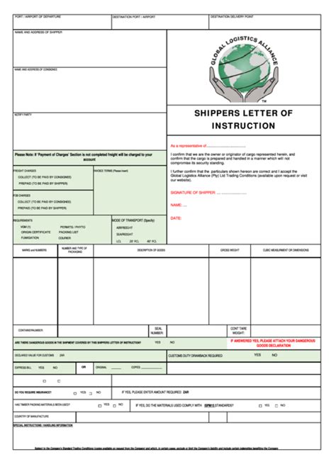 Shipper S Letter Of Instruction Template Free