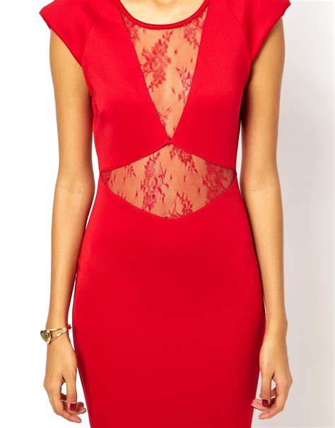 Lyst Ax Paris Bodycon Dress With Lace Insert In Red