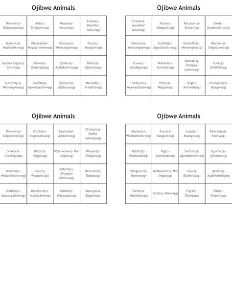 Ojibwe Animals Bingo Cards Wordmint