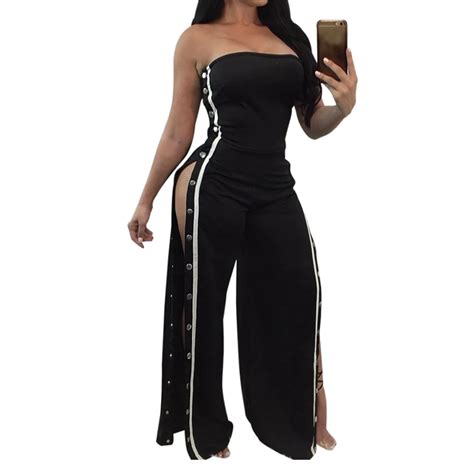 Sexy Strapless Jumpsuits Wide Leg Pant Side Striped Full Bodysuit Buttons Split Club Overalls