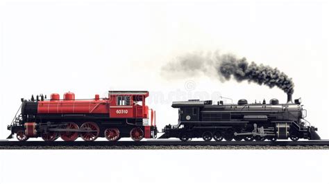 Red And Black Steam Locomotives On Tracks With Smoke Vintage Train