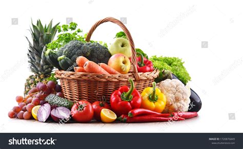 assorted organic vegetables fruits wicker basket stock photo