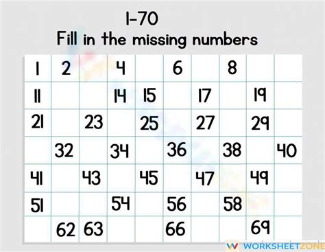 Filling The Missing Numbers 1 70 Worksheet