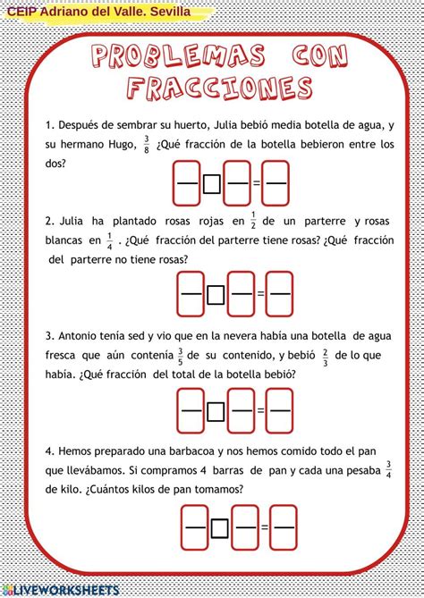 Problemas Con Fracciones Worksheet Problemas De Fracciones Fracciones