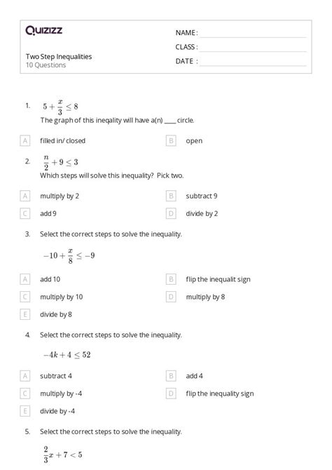 50 Two Step Inequalities Worksheets For 7th Year On Quizizz Free