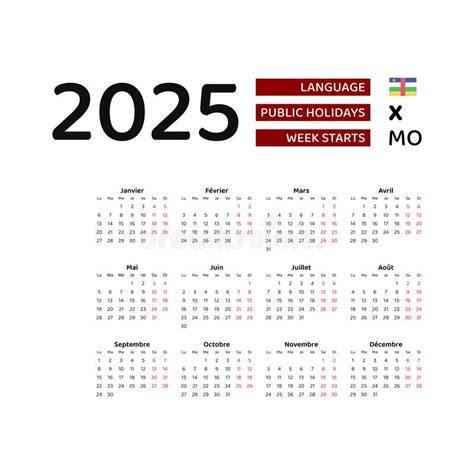 Central African Republic Calendar 2025. Week Starts from Monday. Vector
