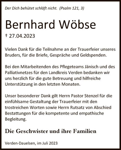 Traueranzeigen von Bernhard Wöbse trauer kreiszeitung de