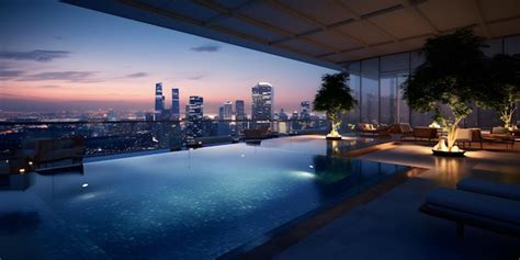 premium ai image modern swimming pool   condo building  sunset