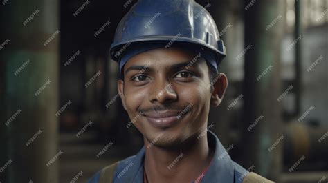 Premium Photo A Smiling Indian Male Factory Worker Standing In Oil