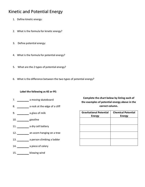 Kinetic And Potential Energy Worksheet