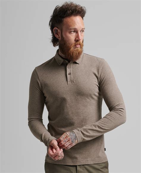 Mens Long Sleeve Cotton Jersey Polo Shirt In Walnut Marl Superdry Uk