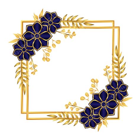 Luxury Golden And Dark Blue Floral Frame On Transparent Background