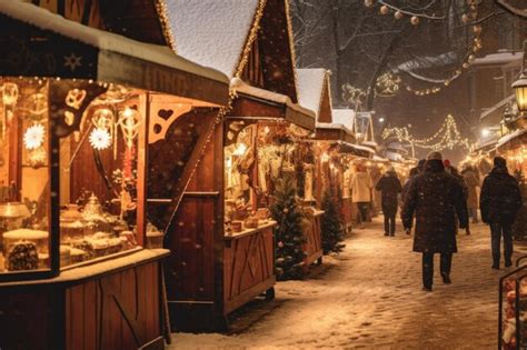 Premium Photo Christmas Market With Snowy Stalls And Festive Lightsxa