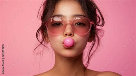 Portrait Of A Young Woman Blowing Pink Bubbles Gum Beautiful Woman With