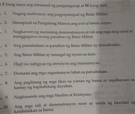 B Isulat T Kung Tama Ang Isinasaad Ng Pangungusap At M Kung Mali