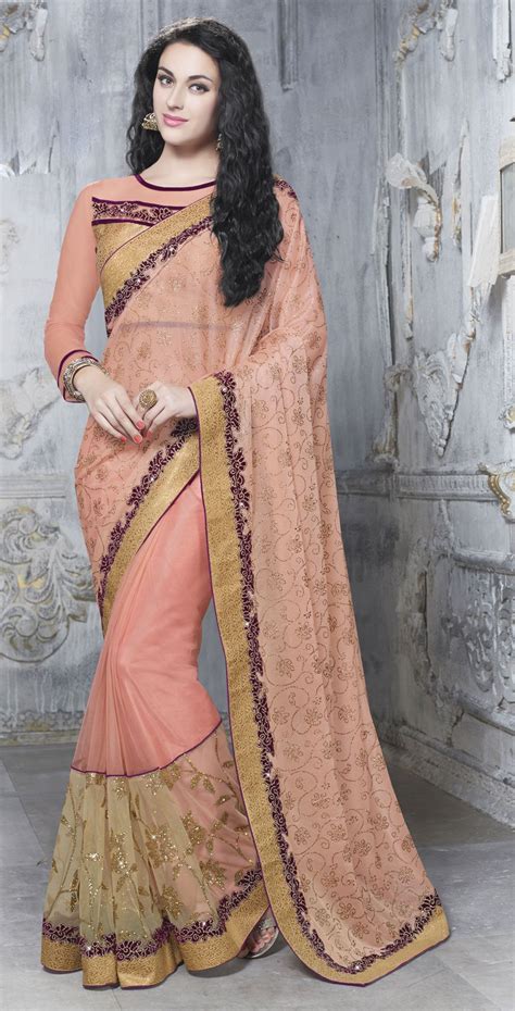 Buy Peach Colour Party Wear Saree In Stock