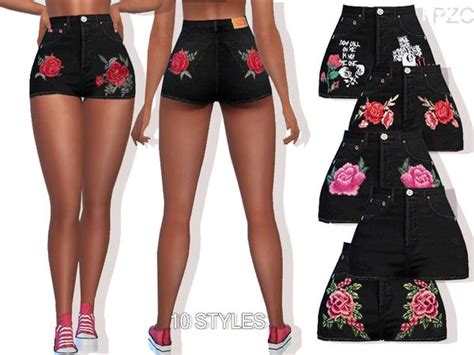 Pinkzombiecupcakes Summer Black Denim Embroidered Shorts Sims New The