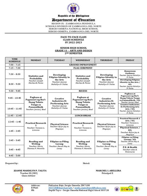 Grade 11 F2f Class Schedule Sy 2022 2023 2nd Sem Pdf Academic