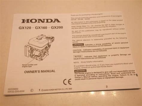 Honda Gx120 Gx160 Gx200 Engine Owners Manual English Jj1 Ebay