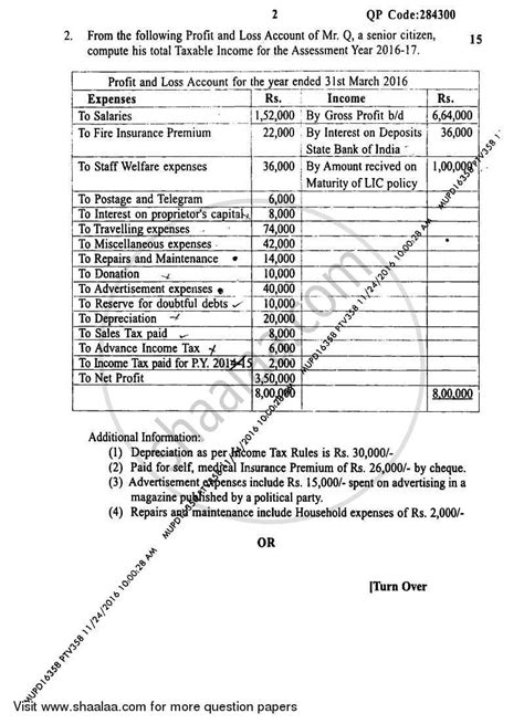 Taxation Paper 3 Direct Tax Paper 1 2016 2017 Bcom Accounting And