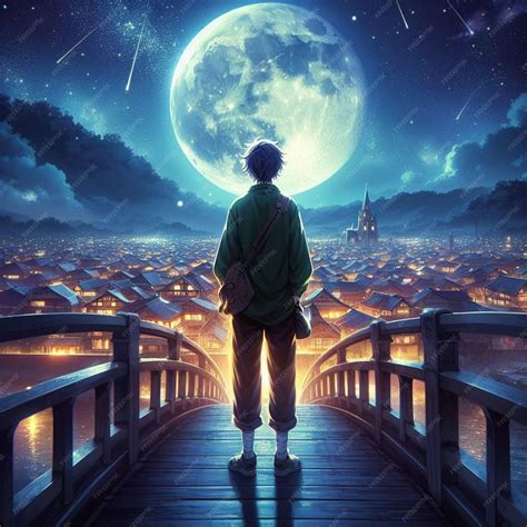 Premium Photo | Boy looking at the moon illustration anime illustration