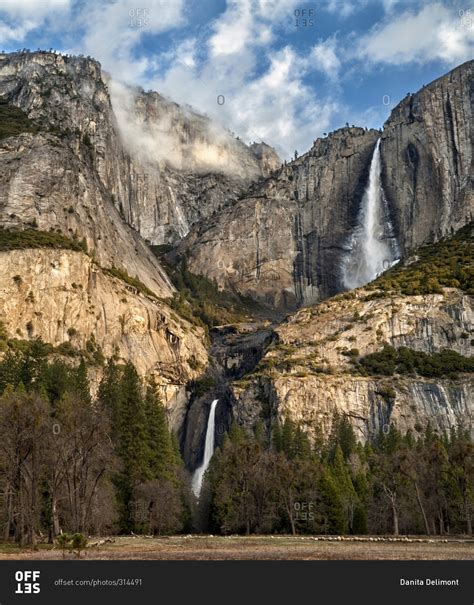 Yosemite National Park Upper and Lower Yosemite Falls at sunrise, California stock photo - OFFSET